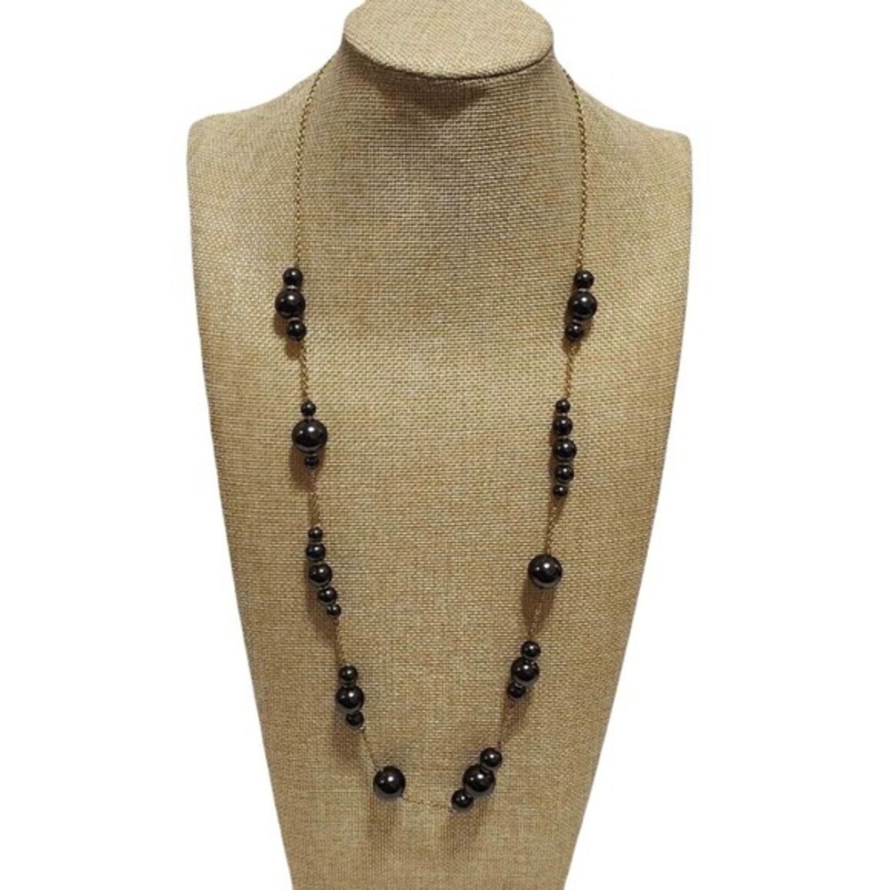 J. Crew Long Station Necklace Gold‎ Tone Grey Faux Pearl Beaded 28 Inch